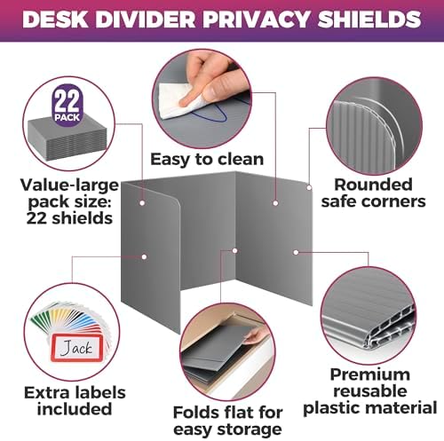 22-Pack Desk Dividers for Students - Waterproof & Durable Plastic Privacy Shield Divider, Classroom Folders Teacher Supplies, Easy-to-Clean Plastic Study Carrel Folder Boards for Student Desks, Grey - Image 3