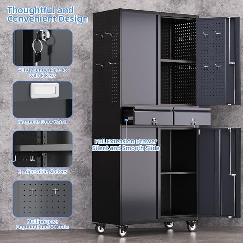 SUXXAN 71-Inch Metal Garage Cabinet with 2 Drawers and Pegboard Doors - Image 4