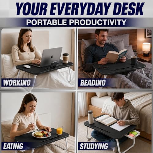 Multi-Feature Lap Desk with Cup Holder Tablet Slot and Storage Drawer - Portable Foldable Laptop Table for Bed Sofa and Floor - Metal Folding Legs 4 Colors - Image 6