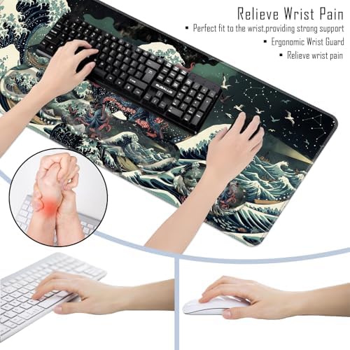 TGFEWYTJYJ Extended Gaming Mouse Pad,Memory Foam Ergonomic Keyboard Mouse Wrist Rest Support Set,Large Desk Mat with Stitched Edges,Non-Slip Base Mousepad Home Office,Octopus in The Japan Waves - Image 6