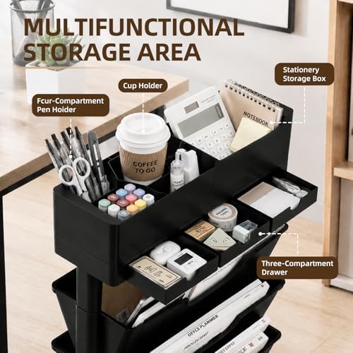 5 Tier Rolling Book Cart Multi-Functional Movable Storage Bookshelves - Image 3
