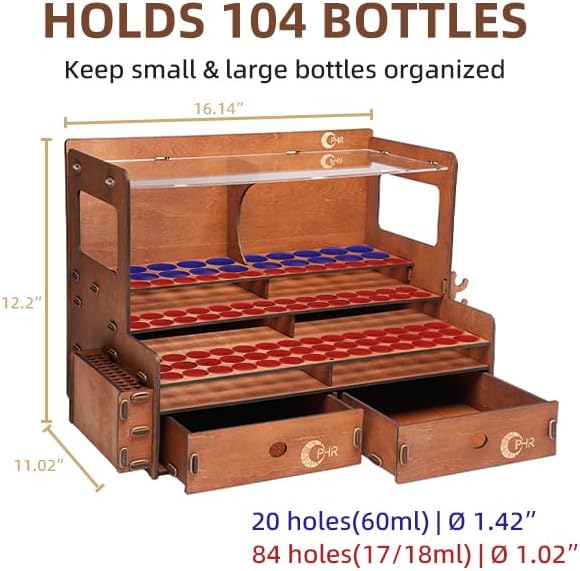 OPHIR Wooden Paint Organizer for 104 Bottles with 2 Brush Holder, 2 Drawer - Image 3