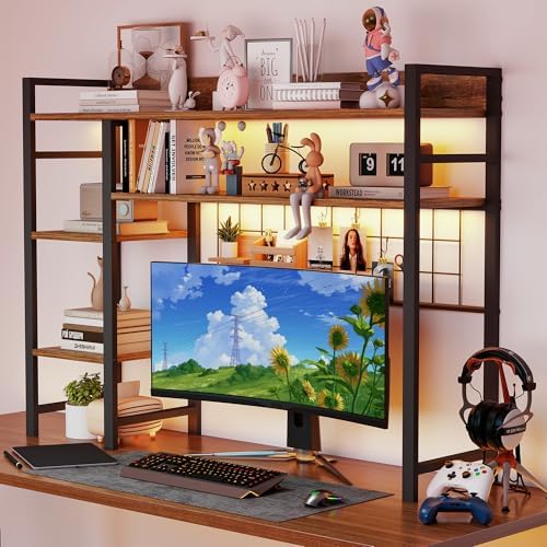 COCO DESIGN 4-Tier Desk Shelf, 38.6" Desktop Organizer Shelf with Grid Panel, Desk Hutch for Computer Monitor, Desktop Bookshelf Storage Rack for Home Office Wood Table Organizer Counter Shelf - Image 4