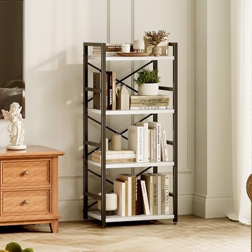 Homeiju 4 Tier Small White Metal Bookcase for CD/Movie/Book, Book Shelf Organization and Storage for Living Room, Kid's Room, and Home Furniture - 1018WH - Image 2