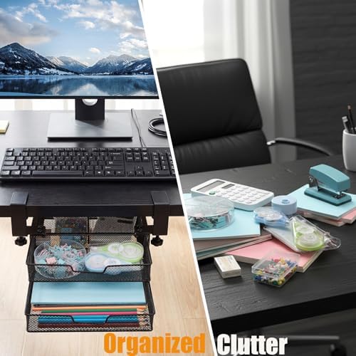 Cedilis Under Desk Drawer Organizer Slide Out, 2-Tier Metal Under Table Storage Drawers Clamp On for Home Office, Black, No Drilling - Image 5