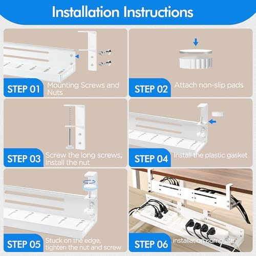 No Drill Under Desk Cable Management Tray, 17”-30” Retractable Cord Organizer for Table, Clamp Mount Wire Basket, Power Strip Holder & Metal Cord Organizer for Office, Home, White - Image 6