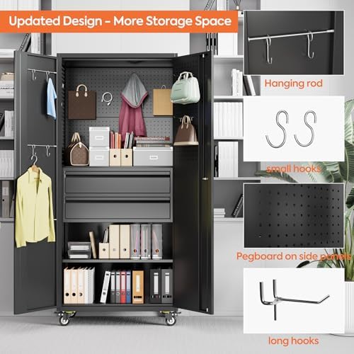 Aobabo Metal Garage Cabinets on Wheels, Lockable Cabinet with 2 Drawers - Image 5