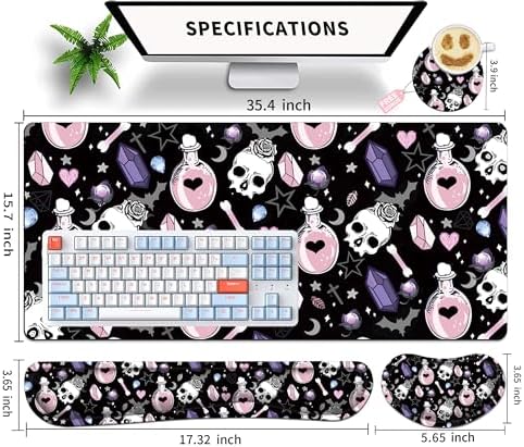 Large Gaming Mouse Pad Set 35.4 x 15.7 with Keyboard Wrist Rest, Wrist Support, and Coaster Memory Foam Smooth Desk Pad Mousepad for Home Office School - Skull Goth Magic Cute Witchy - Image 5