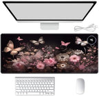 Heated Mouse Pad Hand Warmer, Warm Desk Pad Mousepad Desk Mat with 3 Levels Heating and Auto Shut Down 31.5 x 13 inch PU Leather Warmer Keyboard Mat for Gaming Office Home, Art Butterfly Flower by Unknown