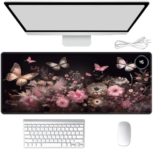 Heated Mouse Pad Hand Warmer, Warm Desk Pad Mousepad Desk Mat with 3 Levels Heating and Auto Shut Down 31.5 x 13 inch PU Leather Warmer Keyboard Mat for Gaming Office Home, Art Butterfly Flower by Unknown