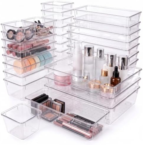 ZANORA 25 PCS Clear Plastic Drawer Organizer Set, Drawer Dividers Organizers with 4 Sizes Storage Trays, Bathroom Drawer Organizers Makeup, Vanity Drawer Organizer, Desk & Kitchen Storage Bins by Shopnow