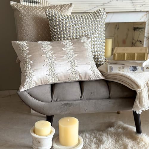 Ivory Decorative Lumbar Pillow Cover 12" x 20" | Pack of 2 Satin Oblong Cushion Cover Abstract | Pearl And Crystal Hand Embroidery Pillowcases for Bed, Couch & Sofa, Modern Home Décor - Pearl Enigma - Image 6