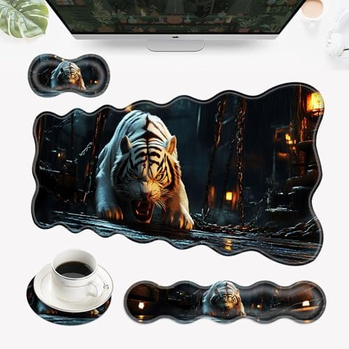 Desk Mat, Mouse Pad with Wrist Rest, 4-in-1 Large Mouse Pads for Desk, Ergonomic Mouse Pad and Keyboard Wrist Rest Gaming Keyboard Mat for Office,White Tiger by EFGWSDER