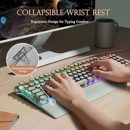 RK ROYAL KLUDGE X108 Typewriter Style Mechanical Keyboard, Wired Gaming Keyboard 108 Keys RGB Backlit Sidelight, Detachable Wrist Rest, Volume Knob, Retro Round Keycaps Blue Switches - Green - Image 6