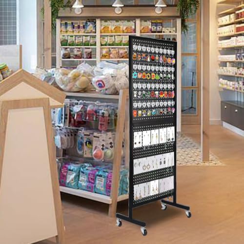 NectaCol 2'x 5' Standing Pegboard Display with T-Base, Pegboard Display Stand with Wheels, Metal Peg Board Display Rack, Art Display Stand, Extra 10 Pieces Hooks - Black - Image 3