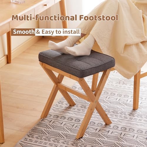 Foot Stool Small Ottoman Foot Rest Padded Foot Stool Desk for Under Office Desk Vanity Stool Bamboo Footstool Sofa Footrest Shoe Stool Small Foot Stools (Natural Legs + Gray) - Image 3