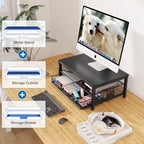 OPNICE Computer Monitor Stand Riser, Desk Organizer with Drawer, Printer & Laptop Stand, Office Desk Accessories & Workspace Desktop Organizers Storage for Office Supplies(Black 2-Pack) - Image 4
