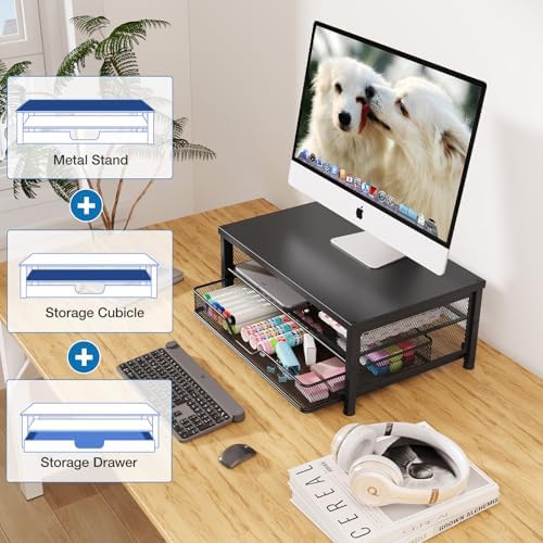 OPNICE Computer Monitor Stand Riser, Desk Organizer with Drawer, Printer & Laptop Stand, Office Desk Accessories & Workspace Desktop Organizers Storage for Office Supplies(Black 2-Pack) - Image 4