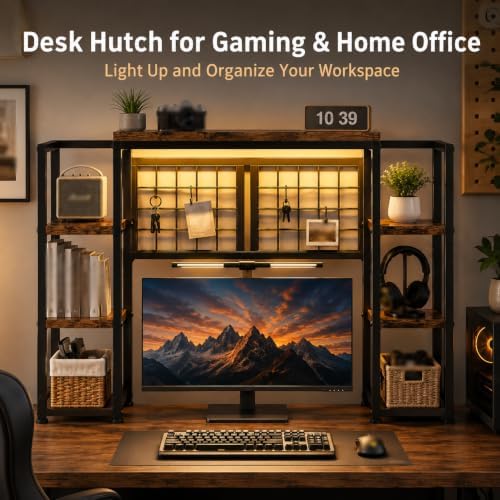 REIBII 5-Tier LED Desk Hutch, Desk Shelf for Dorm Home Office, Rustic Brown - Image 4