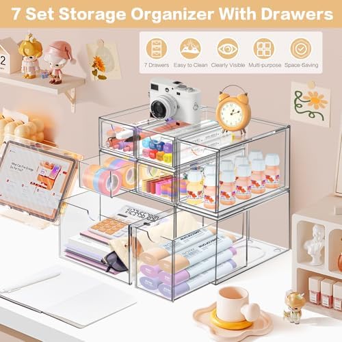 Desk Organizer with 7 Drawers, Clear, Stackable - Image 3