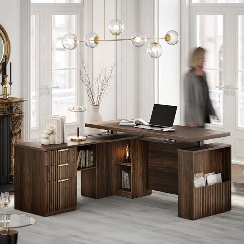 63 Inches L Shaped Standing Desk, Executive Electric Adjustable Desk with Storage Drawers and File Cabinet, AC/USB, 1.18" Thiken Desktop and Privacy Panel for Home Office, Black Walnut by Perledesign%E2%80%93WorkinStyle