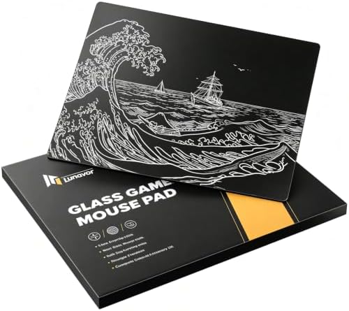 Glass Gaming Mouse Pad, 5.0 Nano Etched Surface, Custom PU Non Slip Base, Esports Level Speed & Precision, Tempered Glass, Waterproof & Durable, 490mm*420mm Large Size for FPS Gaming (Black Waves) by Unknown