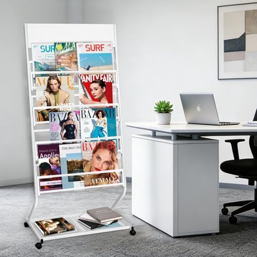 4-Tier Rolling Magazine Rack, Floor Standing Brochure & Literature Display Stand, 23.4" Wide, White - Image 6