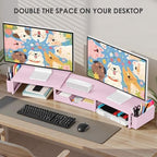 OPNICE Desk Organizers and Accessories, Dual Monitor Stand Riser with Drawer and 2 Pen Holders, Desk Shelf Printer Stand for Office Workspace Organizers, Desktop Organization (Pink) - Image 4