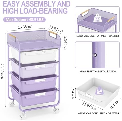 SYKIARIOL 4-Drawer Rolling Storage Cart with Mesh Top,Purple - Image 3