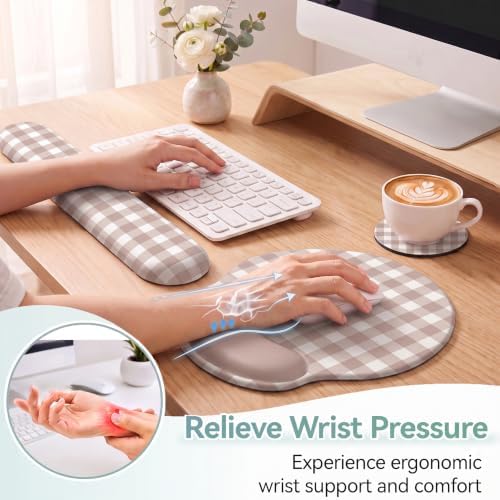 Brown Gingham Scalloped Desk Mat Set, Mouse Pad with Gel Wrist Rest,Ergonomic Keyboard Wrist Support for Women Non-Slip Desk Pad Home Office Decor - Image 3