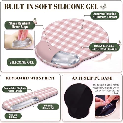 Pink Gingham Scalloped Desk Mat Set, Mouse Pad with Gel Wrist Rest,Ergonomic Keyboard Wrist Support for Women Non-Slip Desk Pad Home Office Decor - Image 5