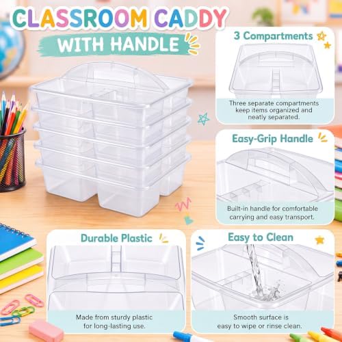 Hushee 6 Pcs Classroom Caddy Plastic Caddy Organizer with Handle, Clear - Image 5