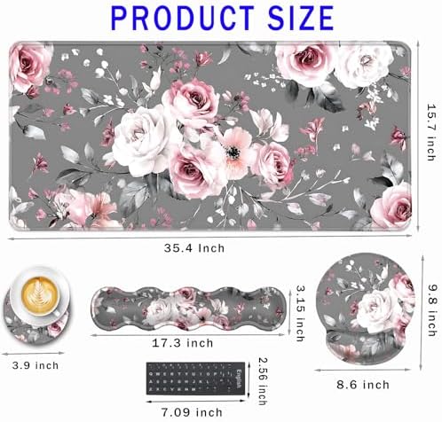 Mouse Pad,Large Pink Desk Mat, 4in1 XXL Mousepad + Keyboard Wrist Rest+Mouse Wrist Rest+Coaster Set with Ergonomic Desk Pad for Home Office Table Computer-Gray Rose Floral - Image 2
