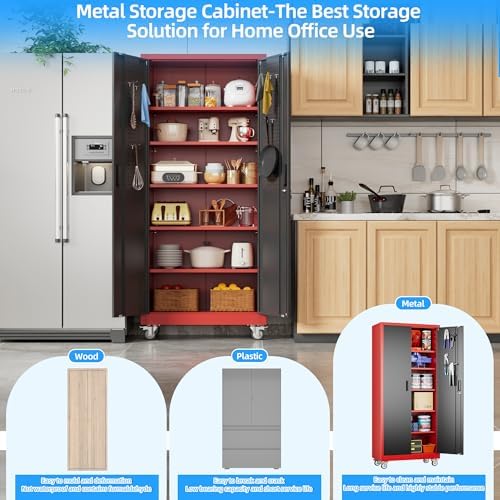 SUXXAN Garage Storage Cabinet with Pegboard,5 Adjustable Shelves,Black-red - Image 5