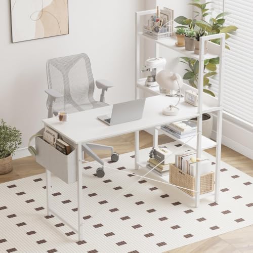Treesland 40 Inch Computer Desk with Bookshelf, Corner Desk with Storage, L Shaped Desk, Home Office Desks, Writing Study Desk for Bedroom, White - Image 3