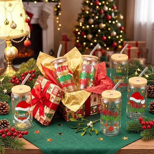 SiliFine 6 Pcs Christmas Glass Cups with Lid and Glass Straw 16 oz Holiday Iced Coffee Cup Xmas Can Shaped Beer Water Glasses Tumbler Christmas Appreciation Gifts for Xmas Party Favors - Image 5