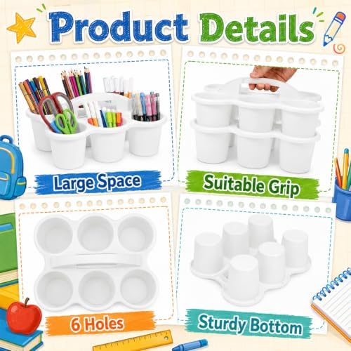 6 Pack Classroom Caddy With Handle for School Supplies, white - Image 3