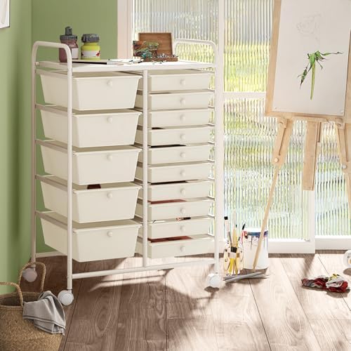 LDAILY 15 Drawer Rolling Storage Cart, Rolling Cart with Drawers for Classroom, Art Supply Craft Organizer on Wheel with Metal Frame & Handles for Home Office School - Image 2