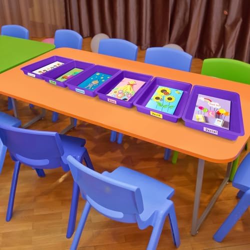 ShineMe 6 Pack Paper Trays for Classroom, Purple Plastic Book Bins with Colorful Labels, Stackable Letter Size Storage Tray, Desk Organizer Tray for Home, School and Office - Image 4