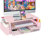 AUPSEN Pink Desk Organizers and Accessories, 2-Tier Wood Computer Monitor Stand with Drawer, Pen Storage & Phone Holder, Office Desk Accessories, Workspace Desktop Organization for Office Supplies by AUPSEN