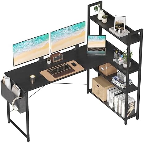 Treesland 55 Inch Small L Shaped Desk, Corner Desk with Bookshelf, Home Office Desk, Writing Study Desk for Bedroom, Black by Treesland