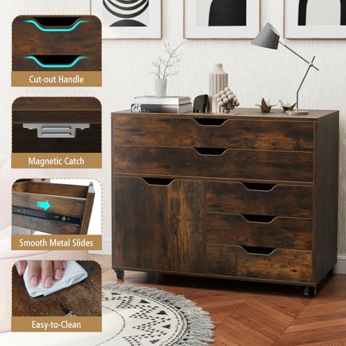 GOFLAME 5-Drawer Mobile File Cabinet, Rolling Lateral Filing Cabinet with Drawers and Storage Compartment, Modern Printer Stand with Wheels for Living Room, Study, Home Office, Rustic Brown - Image 7