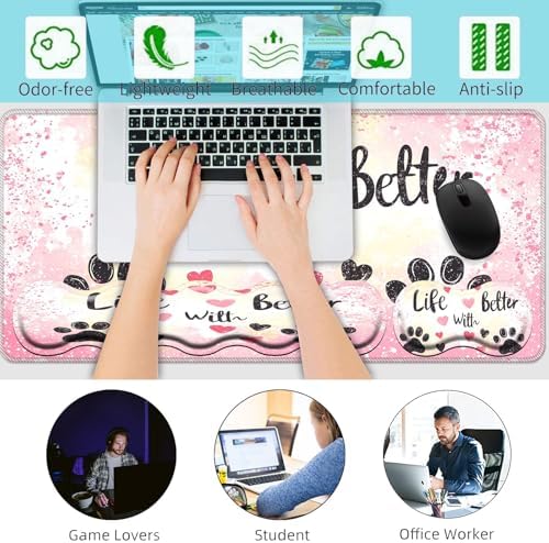 Keyboard Wrist Rest+Mouse Wrist Pad+Desk Pad Set,Memory Foam Ergonomic Easy Typing Pain Relief for Computer Laptop Office Home - Glitter Dog Paw Prints - Image 6
