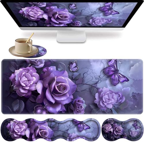 Large XXL Gaming Desk Mat 31.5"x 11.8", Ergonomic Keyboard Wrist Rest & Mouse Pad Wrist Rest + Coaster Set, Non-Slip Base, Memory Foam, Office and Home, Purple Rose by FOKBVNFLL