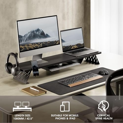 Fenge Dual Monitor Stand, Wooden Desk Shelf with Headphone & Phone Holder - Image 6