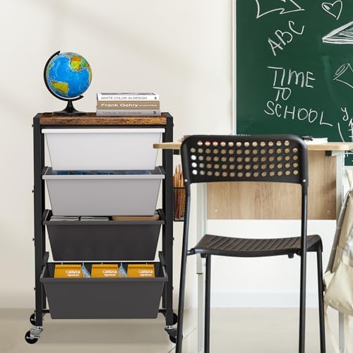 Rolling Cart with Drawers, Rolling Storage Cart with Large Plastic Drawers & Wooden Tabletop, Utility Cart with Pegboards & Basket, Storage Drawers Cart for Living Room, Classroom, Bedroom, Office - Image 6