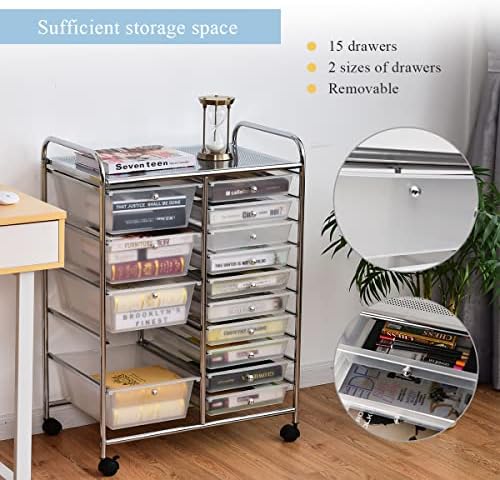 LDAILY 15 Drawer Rolling Storage Cart, Rolling Cart with Drawers for Classroom, Art Supply Craft Organizer on Wheel with Metal Frame & Handles for Home Office School - Image 5