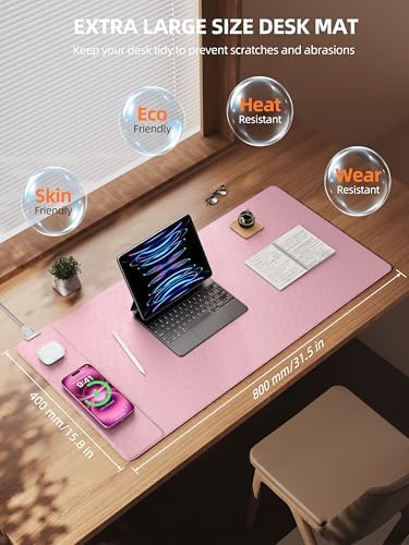 Mouse Pad with 15W Wireless Charging, XXL Large Leather Desk Mat, Pink - Image 3