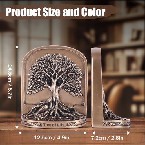 Antique Bronze Color Tree of Life Bookends Set, 2 Non-Skid Heavy Bookends for Shelves or Bookcase, Decorative Bookends for Desktop Shelf Decor, Library Office Decor, Home Décor Gift - Image 2