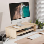 FITUEYES Wooden Monitor Stand Riser, 2-Tier Desk Storage Shelf, Oak - Image 2